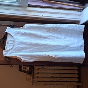 iLinen woman's size med light blue and beige trim 100% linen sleeveless dress